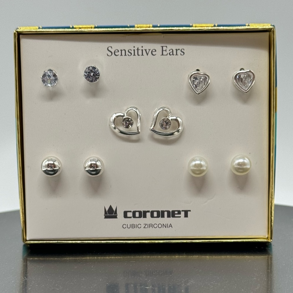Box Set 5 Pairs Silver Stud Earrings Hearts